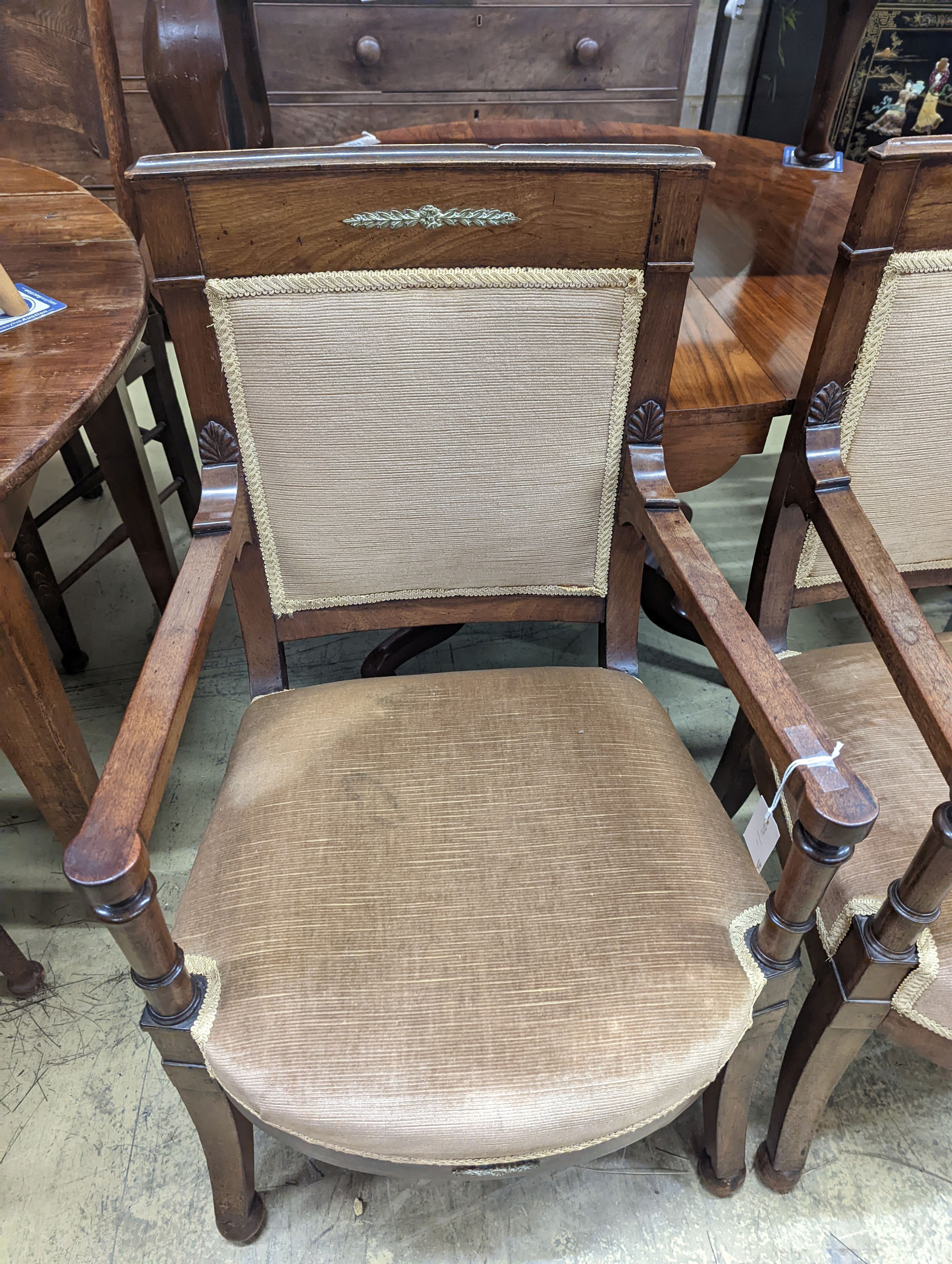 A pair of French Empire style mahogany gilt metal mounted elbow chairs, width 54cm, depth 50cm, height 96cm